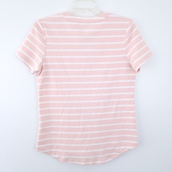 Calvin Klein Stripe Short Sleeve Top Pink White Stripe Small Vneck, Gold Buttons - Picture 3 of 6